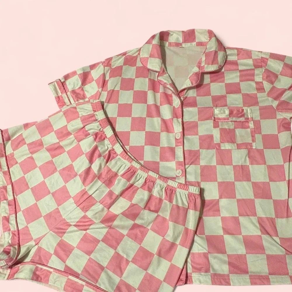 Pink and White Checkered Women's Pajamas - Picture 3 of 5